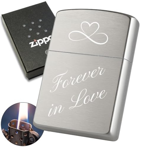 Personalisiertes Feuerzeug mit Gravur, hergestellt mit Zippo Sturmfeuerzeug Chrome Brushed, Geschenkidee für Männer, Papa, Freund (Forever)