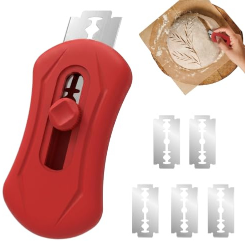 LKJAUOZ Taglierino per pane magnetico, lama acciaio inox, manico legno rosso, con 5 lamette, per impasti e intaglio