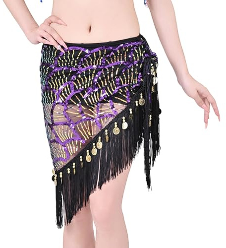 Falda de carnaval para danza del vientre con lentejuelas y flecos, cadena de cintura, bufanda de cadera para disfraz de espectáculo de escenario, Morado (, Altoa única