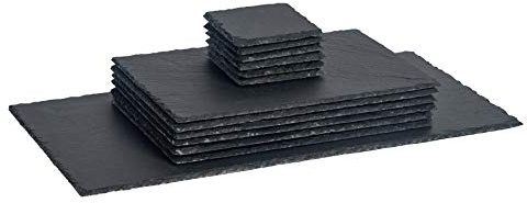 Argon Tableware Rectangle Slate Placemats, Drink Coasters & Platter Set - 13pc - Black Natural Slate Dinnerware Place Settings Dining Mats for Kitchen, Home, Bar, Restaurant, Weddings, Events