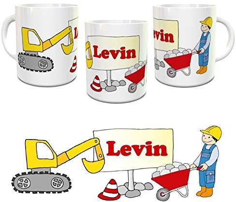 personalisierte Kinder-Tasse Baustelle Schaufelbagger mit Wunschname - Namenstasse