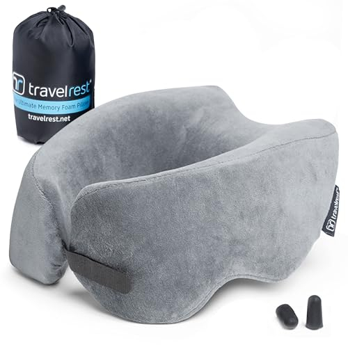 Travelrest Nest Neck Pillow for Travel - Advanced Support for Long Flights, Memory Foam Patented Design for Optimal Relaxation, Ergonomic, and Washable, On-the-Go and Attaches to Luggage - Gray