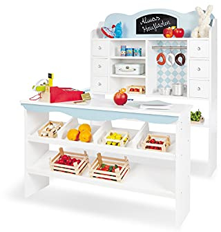 PINOLINO Kaufladen Alma, Spielküche aus Holz, mit Kinderküchenzubehör Maltafel, standfeste Kinderküche, Kinder Kaufmannsladen, Spielzeug ab 3 Jahre, Maße B 100 x T 92 x H 119 cm, weiß/hellblau