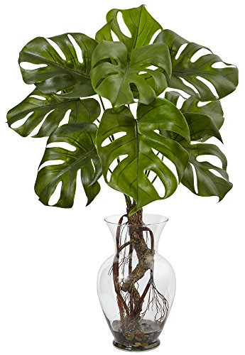 Nästan naturlig 26 tum monstera-växt i stenar med glasvas, grön, 7,5 tum x 30 tum x 9 tum