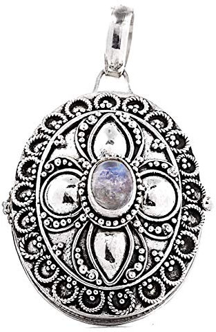 Windalf Großes Mittelalter Foto-Medaillon Moon 3.2 cm Glücks-Amulett Mondstein & Geheimfach Bohemia Bildmedaillon Handarbeit aus 925 Sterlingsilber