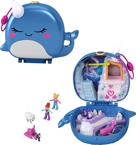 Polly Pocket GKJ52 - Narwal-Eisspaß Schatulle mit lustigen Überraschungen, den kleinen Puppen Polly und Lila, Husky mit Schlitten, Eisbär-Figur und Stickerbogen; Spielzeug für Kinder ab 4 Jahren