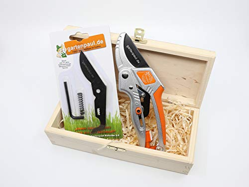 Gartenschere Ratschenschere 2.0 Edition Holzbox inkl. Ersatzklingen Set u. Schärfer