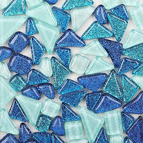 200g Tesselles en Verre Colorées Irrégulière Carreaux de Mosaïque, Morceaux de Mosaïque en Verre pour Loisirs Créatifs, Décoration(Bleus)