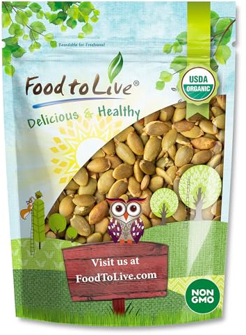 Food to Live Organic Dry Roasted Pumpkin Seed Kernels, 1 Pound - Non-GMO, Unsalted, Oven Roasted Whole Pepitas, No Oil Added, Shelled, Vegan, Kosher, Keto, Bulk. Low in Carbs. High In Protein.