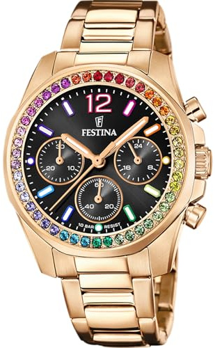 Festina Orologio Donna Analogico Acciaio Inossidabile 316L Rosa - Quarzo Cronografo - Vetro minerale alta resistenza - Impermeabile 10 ATM - Special Prices F20639/3