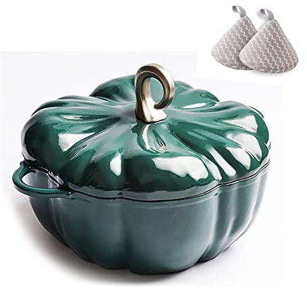 YLWX Cast Iron Dutch Oven, 3.7L Pumpkin Shape Cooking Dutch Pot, Enameled Induction Casserole, Cocotte Crock Pot (Color : Green)