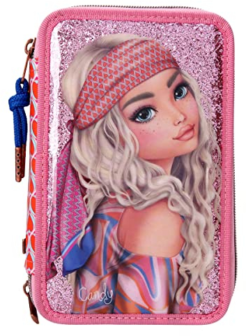 Depesche 11977 TOPModel Seventies - Gefüllte 3-Fach Federtasche mit Glitzer, Model-Motiv und Herz-Muster, Federmäppchen in Rosa mit Buntstiften, Lineal, Schere uvm.