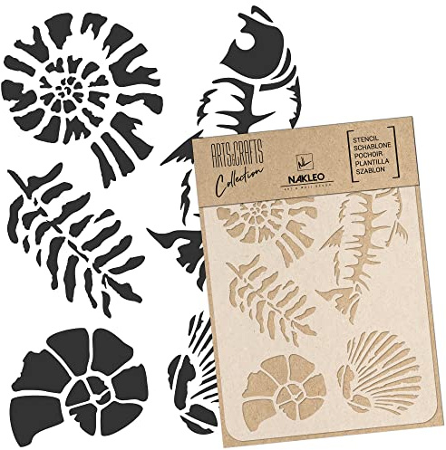 NAKLEO Malschablone für Handwerk A3 30x42cm, Jurassischer Ammonit Fossilien Muster, Wiederverwendbare Kunststoff DIY & Scrapbooking Zeichenschablone, Decoupage Kunst Vorlage, Stoff Möbel Holz