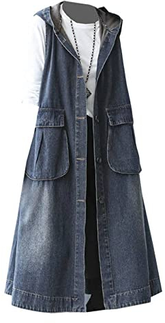 OLGER Jeansweste-Elegante Gewaschene Jeansweste Weste Damen Lange Weste Jeans Plus Size Jeansjacke Große Taschen Mit Kapuze Lässig Sommer Frühlingsjacke Kleid Übergangsjacke, L