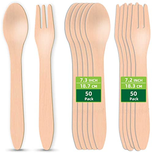 HOMURG Holz Besteck Löffel und Gabeln Set Einweg 100 Stück, Einwegbesteck mit 50 Kuchengabel + 50 Dessertlöffel, Essbesteck Sets Holzgabeln und Holzlöffel, Partygabeln und Einweglöffel für 50 Personen