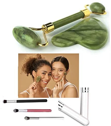 Marble Jade Roller & GUA SHA Boxed Set & 1 Kabuki Brush- Glow Boosting, De-Puffing, Deep Moisture Massage, Lifting & Tightening (1 Set)