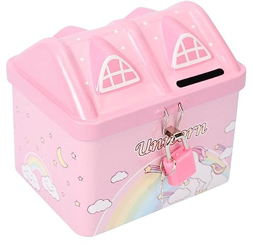 TOYANDONA Hucha Forma De Casa De Alcancía Banco De Dinero De Unicornio Caja De Almacenamiento De Monedas Alcancía con Cerradura Tarro De Ahorro De Monedas con Candado Regalo Niño Hojalata