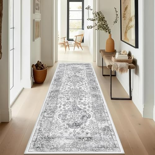 Enyhom Runner Rugs for Hallway 60 x 180cm Vintage Machine Washable Kitchen Runners Non Slip Carpet Runners for Hallway Kitchen Entryway Laundry Room, Grey