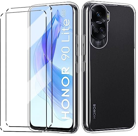 HuiYouMY [3 in 1] Case Compatible with Honor 90 Lite Cover with 2 Pack Tempered Glass Screen Protector for Honor 90 Lite, Slim Fit Soft TPU Shockproof Anti-Scratch Phone Case Cover - Black