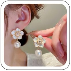 Wendalern Boho Flower Pearl Drop Earrings White Flower Enamel Stud Earrings Sparkly CZ Floral Petal Statement Earrings White Pearl Dangle Flower Earrings Wedding Jewelry for Women and Girls