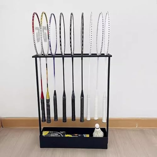 Vnook Freistehender, Bodenstehender Tennisschlägerständer Mit Unterem Aufbewahrungskorb, Metall-Badmintonschläger-Aufbewahrungsständer for Kleine Räume, Schwarz