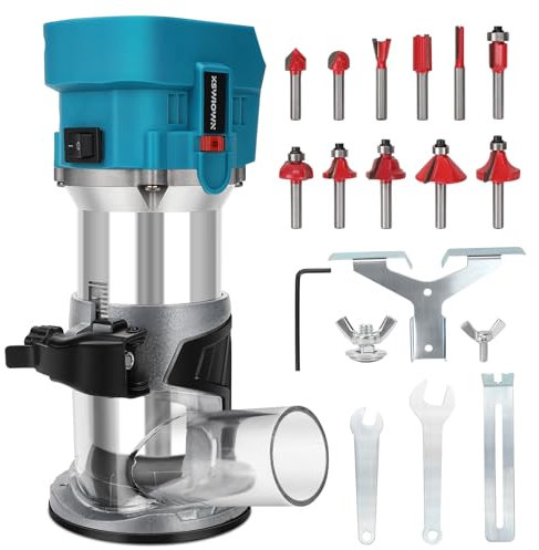 Akku Oberfräse für Makita 18V Bürstenlos, 30000 U/min Einhandfräse mit 6 Variable Geschwindigkeite, Spannzangen 1/4, 6 mm und 8 mm, 700W +12 Stück Fräser Set (ohne Akku)