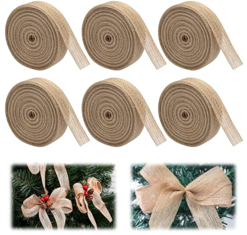 Juteband Rolle 2cm Fein, 6 Rollen Burlap Band, Sackleinen Band, Vintage Geschenkband, Zierband Jute 2cm,für DIY Handwerk Verpackung, Geschenk, Hochzeit, Weihnachten, Blumenstrauß Dekoration(10m/Rolle)