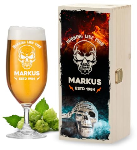 polar-effekt Leonardo Pilstulpe 0,3 Liter und Holzkiste mit Gravur und Druck - Personalisiertes Vatertagsgeschenk für Männer - Bierglas für Pils, Lager und Export