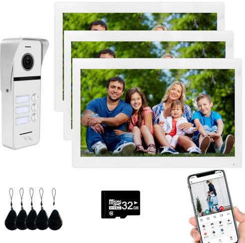 Videoportero con cable para apartamentos 3 unidades Videoportero con monitor táctil de 10 pulgadas, Kit de videoportero inalámbrico,Desbloqueo con tarjeta IC para (1 timbre blanco+3 monitor blanco)
