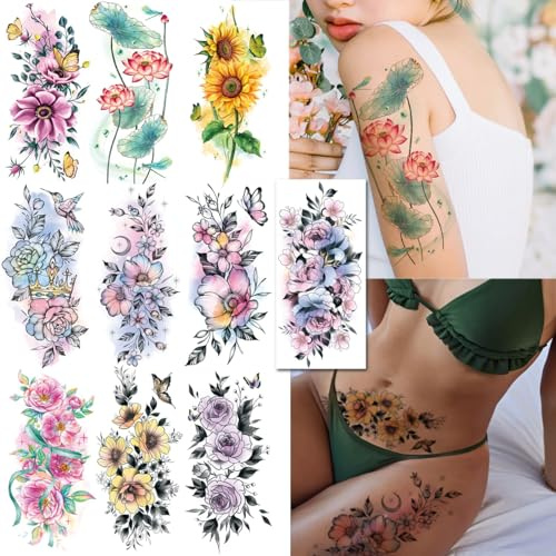 CHARLENT 10 Bögen Aquarell Blumen Temporäre Tattoos für Damen, Groß | Sexy Blumen Tattoos im Aquarell-Stil, realistische Body Art für Arm und Rücken, elegante Looks für Frauen und Mädchen