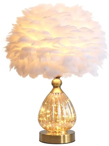 GUANSHAN Crystal Feather Table Lamp with String Lights Base Romantic Luxury Bedside Lamp Feather Table Light Desk Lampshade for Living Room, Bedroom, Wedding Gift