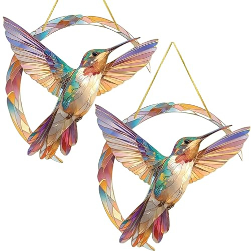 2 Stück Bunt Kolibri Sonnenfänger Fensterdekoration, Vogel Sonnenfänger Acryl Kolibri Anhänger, Farbe HäNgend Acryl Kolibri, für Fenster, Terrasse, Wand, Haus, Büros und Garten