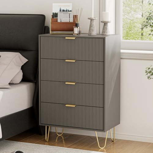 HEYZOEY Kommode, Sideboard mit 4 Schubladen, 34x60x91cm, Holz Schubladenschrank mit Gold Bein, Modern Boho Beistellschrank für Schlafzimmer, Flur, Wohnzimmer,Grau
