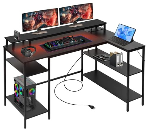 Panana L Shaped Gaming Desk with LED Lights & Power Outlets USB Port, 116.5×79cm Reversible Corner Desk with Storage Shelves, Computer Desks with Monitor Stand, Black