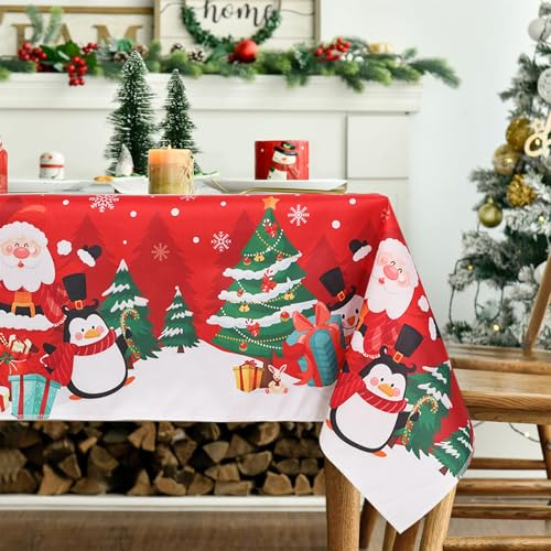 Tovaglia Natalizia Rossa 6 Posti 180x140cm, Poliestere Natale Tovaglia Antimacchia, Sottopiatti Natalizi Stampata Con Pupazzo Di Neve e Pino, Decorazioni Natalizie Per La Casa Centro Tavola Natalizio