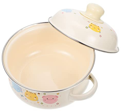 HEALEEP Marmite en Émail 16 Cm Double Anse Couvercle Pot la Cuisine Résistant Émaillé Usage Domestique pour Cuisson Soupe, Ragoût et Lait Casserole Ancienne Bébé et Famille