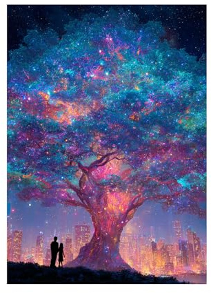 XENIOU Albero della vita Alberi colorati in una piccola città quadri tela, quadri moderni, per soggiorno, camera da letto e bagno decorazioni da parete.(blu)-60x90cm Non incorniciato