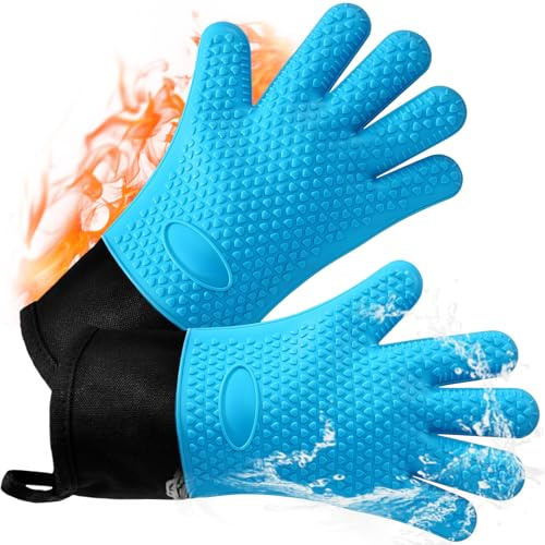 AMFUN 1 Pair Silicone Oven Gloves Heat Resistant 464°F, Extra Long Non-Slip Oven Mitts,Silicone BBQ Gloves with Fingers, Waterproof Kitchen Gloves for Barbecue Grilling Weber Pizza Microwave-Blue