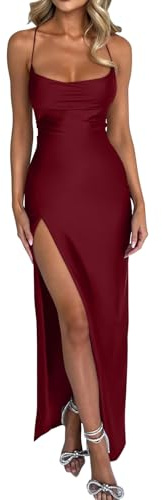 Memoriesea Women's Sexy Bodycon Cowl Neck Cocktail Maxi Dress Burgundy | Spaghetti Strap,High Slit,Cut Out Back,Sexy Long Dress,Stretchy Bodycon Maxi Dress,Party Homecoming,Mermaid,Club,Night Out