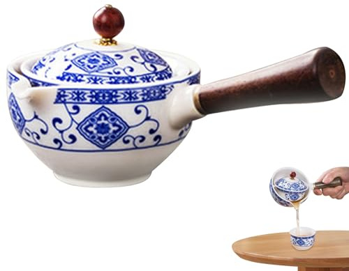 Chinese Teapot, 360 Tea Maker with Wood Side Handle 160ml Chinese Rotating Tea Pot Ceramic Handheld Teapot with Fine Mesh Filter for Loose Leaf