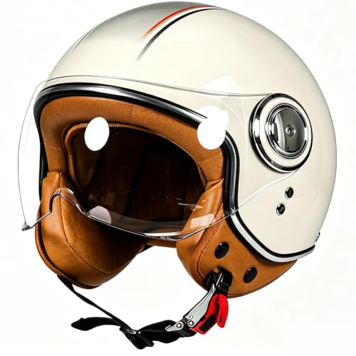 WZGGTEAM Vintage Motorrad Jethelme mit Sonnenblende, Open Face Helm Vintage Roller Helm für Damen Herren, ECE Zertifiziert Retro Elektrischer Halbhelm, Jet-Helm für Damen Herren
