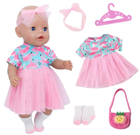 5 Pcs Baby Dolls Clothes for 12-18 Inch Doll, Cute Newborn Baby Doll Clothes with Flamingo Dress Hairband Bag Socks Hanger, Sweet Doll Outfit for 35-43cm Dolls Accessories for Kids Gifts Girls Boys