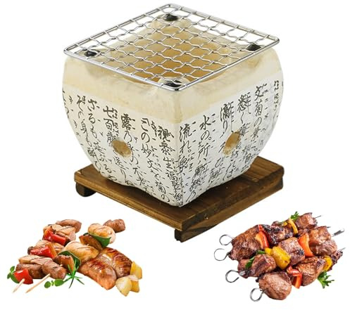Griglia for barbecue giapponese portatile, griglia da tavolo con base in legno, fornello da campeggio rettangolare, griglia in argilla ceramica for picnic, campeggio(14x14.5cm)