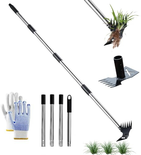 Ogräsrensare med långt handtag 150 cm, 2 i 1 manuell ogrässkrape & trädgårdsskovla, tungt ogräsverktyg för trädgård, gräsmatta, gård, uteplats – stående ogräsrötare, lossbar stång, inkluderar