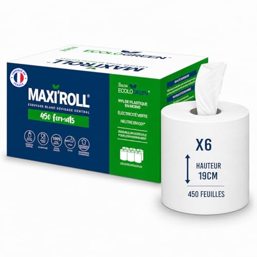 6 Rouleaux-Essuie-Mains Maxi Roll Dévidage Central – 450 Formats, 2 Plis, Mandrin Déchirable, Super Absorbants, Blanc, 100% Ouate de Cellulose, Qualité Professionnelle pour Atelier, Collectivités