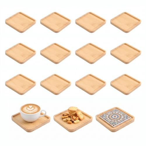 Lot de 12 dessous de verre carrés en bois de 9 cm en bambou avec bord en mosaïque - Pour gobelets, bougies, fleurs, plantes, café, gâteaux, décoration de salon