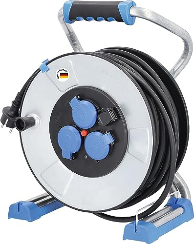 as - Schwabe IronCoat Xperts enrollacables 25 m H07RN-F 3G2,5, IP44 exterior, 3 tomas de corriente con toma de tierra + puerto USB, protección contra descargas eléctricas, Made in Germany