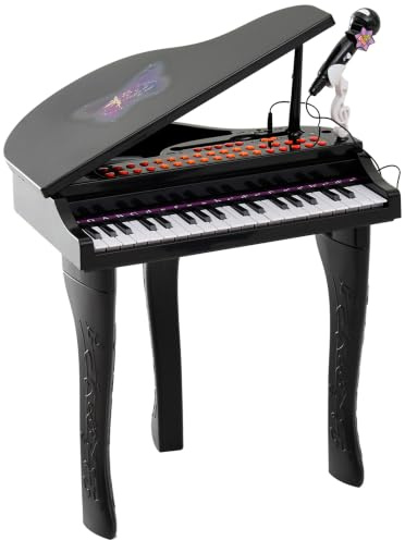 HOMCOM Piano à Queue Électronique 37 Touches 3 à 6 Ans Noir | Multifonctions avec Micro Haut Parleur, Lumière LED, Fonction d'Enregistrement et de Relecture, Instrument de Musique Enfant