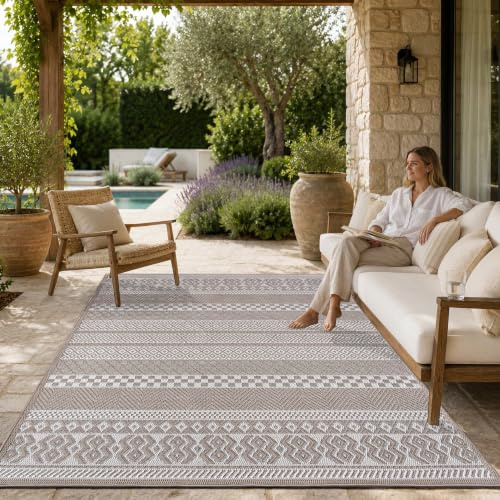 Paco Home Outdoor Teppich, Wetterfest, UV-beständig & Pflegeleicht, Flachgewebe Modern Boho-Style. Ideal für Terrasse Balkon Wohnzimmer & Küche, Grösse:160x220 cm, Farbe:Beige
