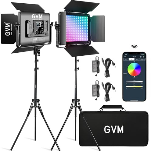 GVM LED Videoleuchte mit Stativ, 880RS 60W RGB Studiolicht Videolicht Panel 3200K-5600K 11200Lux/0,5m Fotografie Dauerlicht für YouTube Studio Filmlicht Streaming,18 Lichteffekt, APP Steuerung, CRI97+